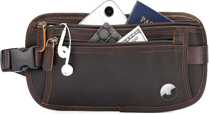 Polare Full Grain Leather Money Belt Hidden Passport Holder Wallet Travel Pouch with AirTag Slot Slim RFID Blocking Undercover Waist Bag