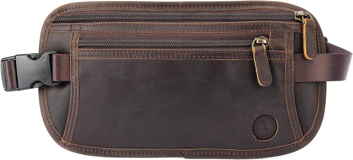 Polare Full Grain Leather Money Belt Hidden Passport Holder Wallet Travel Pouch with AirTag Slot Slim RFID Blocking Undercover Waist Bag