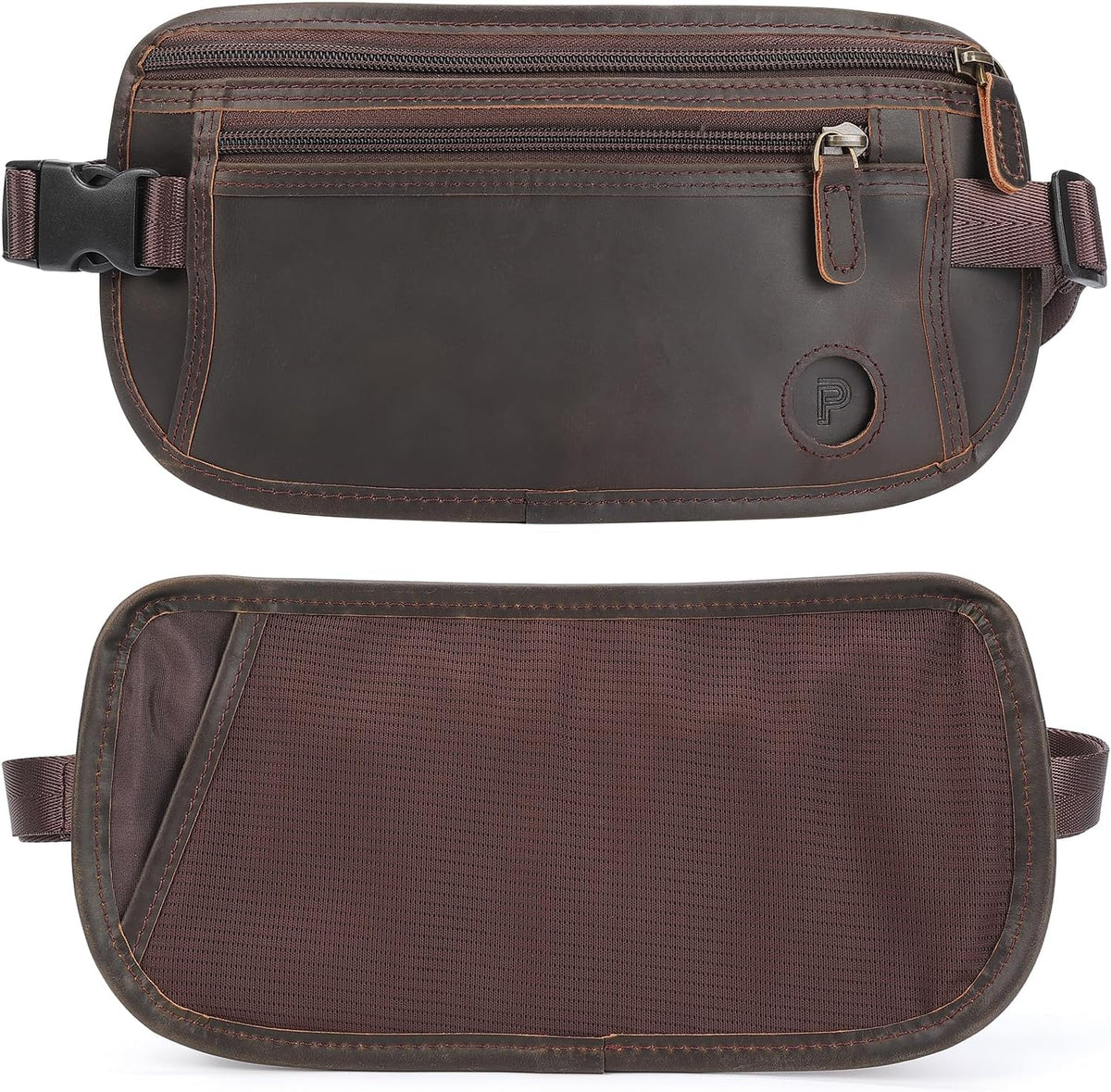 Polare Full Grain Leather Money Belt Hidden Passport Holder Wallet Travel Pouch with AirTag Slot Slim RFID Blocking Undercover Waist Bag