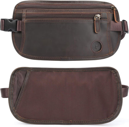 Polare Full Grain Leather Money Belt Hidden Passport Holder Wallet Travel Pouch with AirTag Slot Slim RFID Blocking Undercover Waist Bag