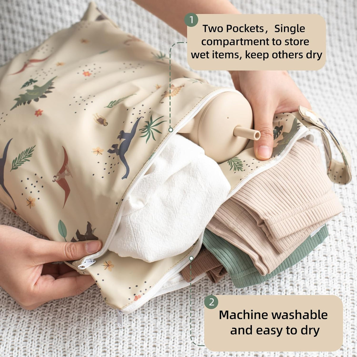 Wet Dry Bag Waterproof Wet Bags Baby Diaper Bag with Handle Reusable with Two Zippered Pockets Travel Beach Pool Daycare Baby Diapers Bag for Swimsuits or Wet Clothes, Dinosaur