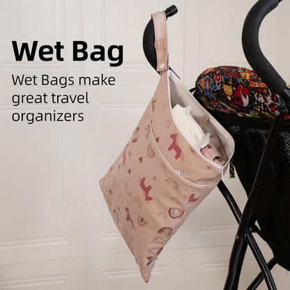 Wet Dry Bag Waterproof Wet Bags Baby Diaper Bag with Handle Reusable with Two Zippered Pockets Travel Beach Pool Daycare Baby Diapers Bag for Swimsuits or Wet Clothes, Dinosaur
