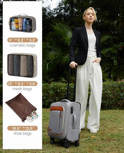 4 Pcs Carry On Luggage 22x14x9 Airline Approved 20 Inch Underseat Carry on Suitcase for Women Men Softside Travel Luggage with Spinner Wheels and TSA Lock