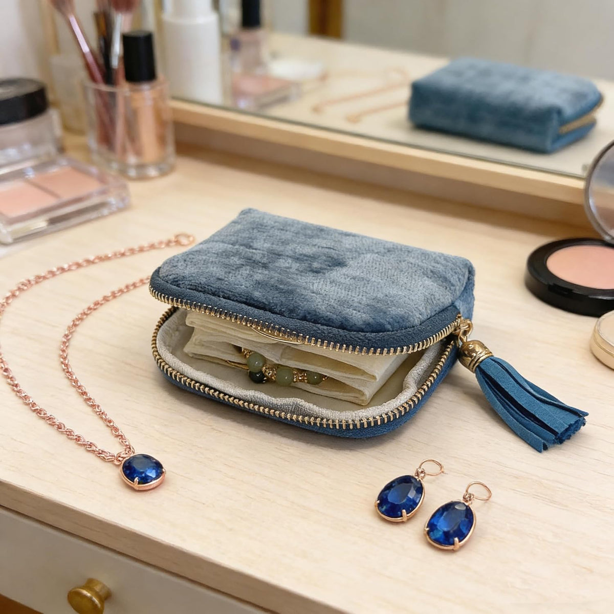 Small Travel Jewelry Case - Jewelry Travel Organizer Bag with Tassel Zipper for Bracelets, Necklaces, Bangles, Jewelry Organizer Storage Bag Gift for Women Girls - LJB001-Olive Green