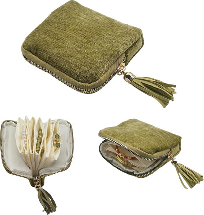 Small Travel Jewelry Case - Jewelry Travel Organizer Bag with Tassel Zipper for Bracelets, Necklaces, Bangles, Jewelry Organizer Storage Bag Gift for Women Girls - LJB001-Olive Green