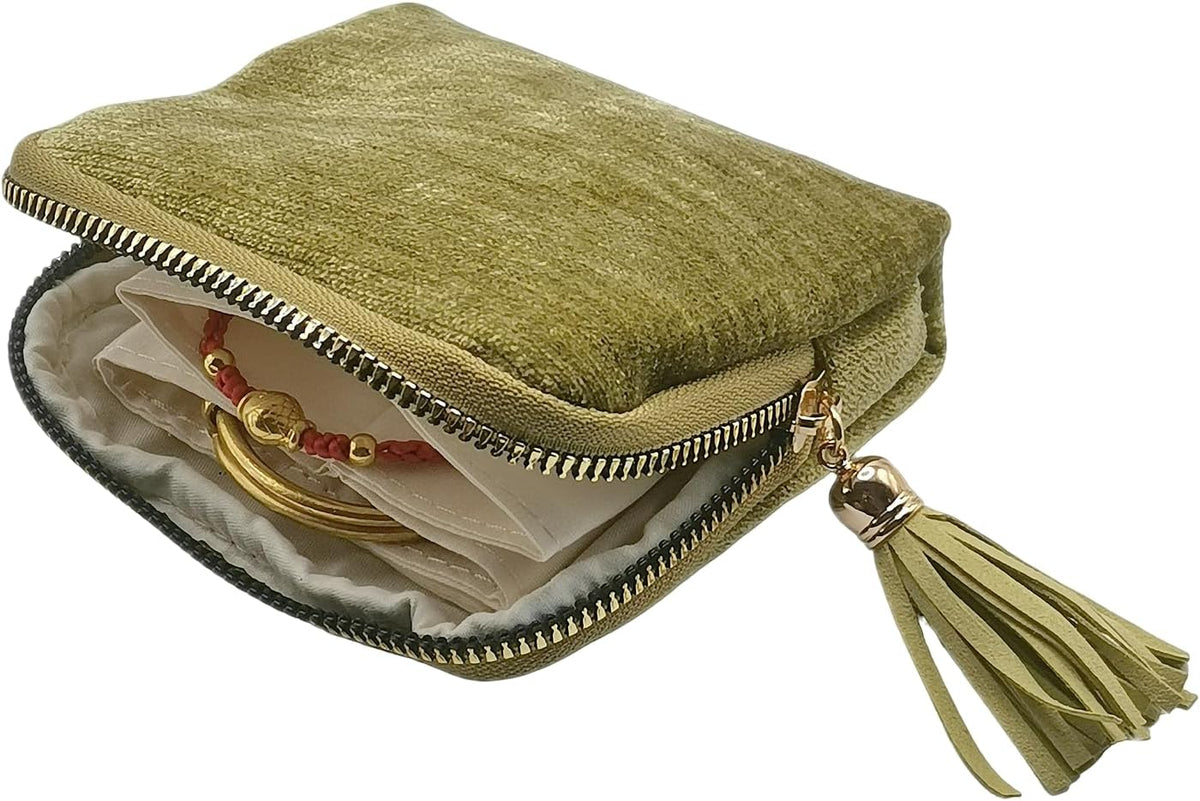 Small Travel Jewelry Case - Jewelry Travel Organizer Bag with Tassel Zipper for Bracelets, Necklaces, Bangles, Jewelry Organizer Storage Bag Gift for Women Girls - LJB001-Olive Green