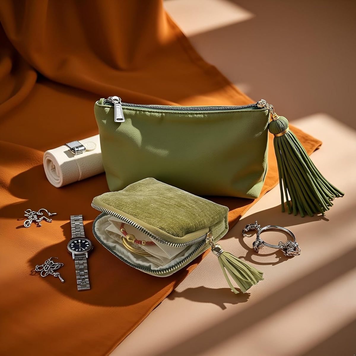 Small Travel Jewelry Case - Jewelry Travel Organizer Bag with Tassel Zipper for Bracelets, Necklaces, Bangles, Jewelry Organizer Storage Bag Gift for Women Girls - LJB001-Olive Green