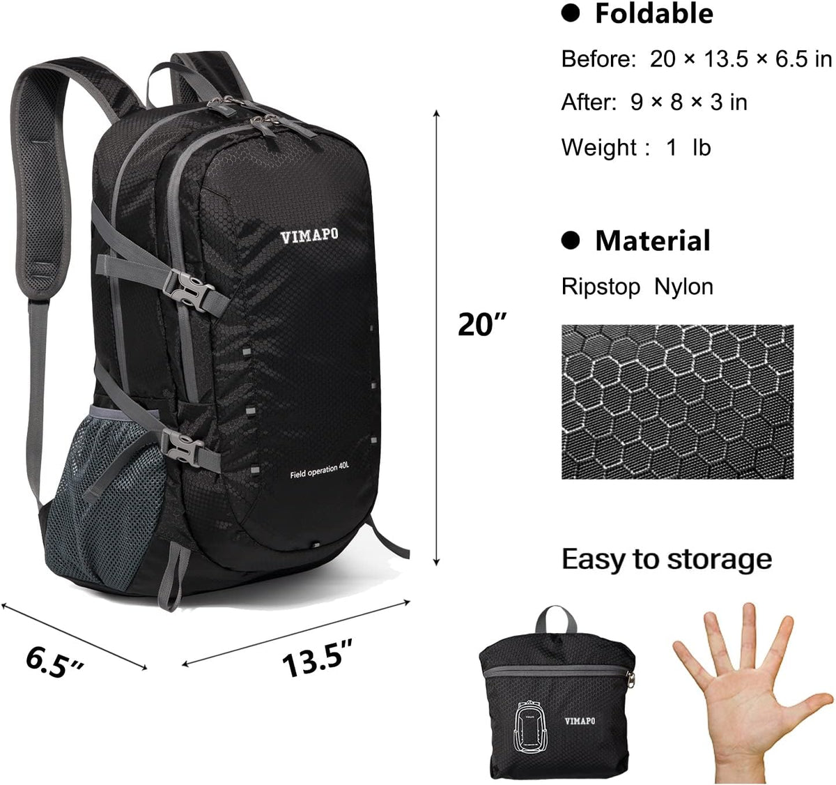 Lightweight Foldable Hiking Backpack 40L, Ripstop Nylon Packable Travel Daypack, Collapsible Backpack For Traveling Hiking Camping Touring(Orange)