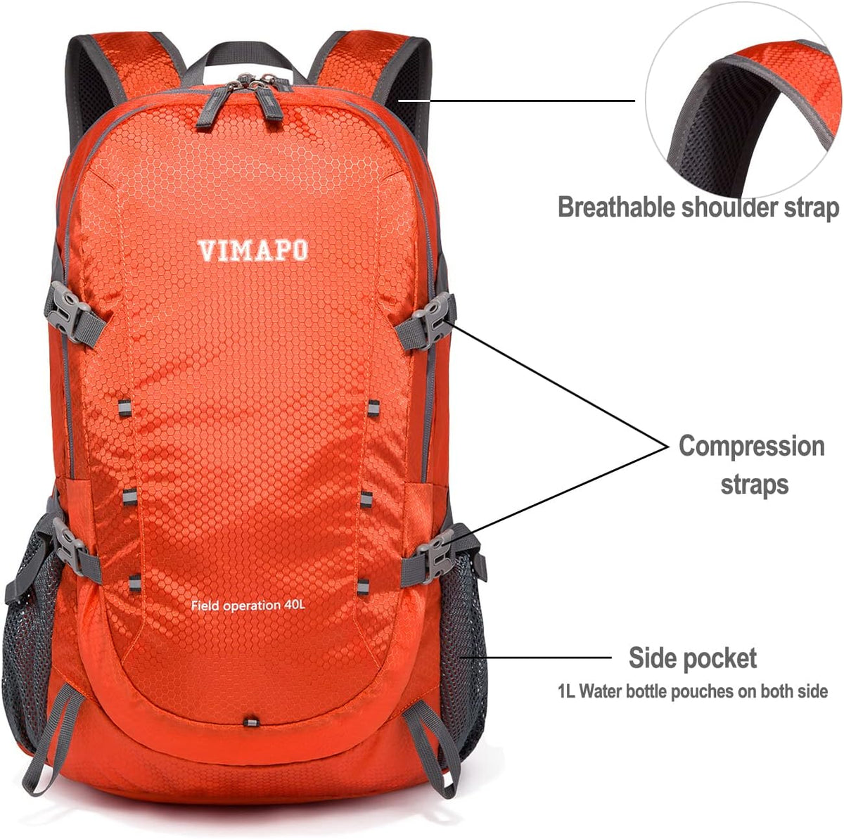 Lightweight Foldable Hiking Backpack 40L, Ripstop Nylon Packable Travel Daypack, Collapsible Backpack For Traveling Hiking Camping Touring(Orange)