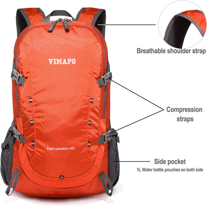 Lightweight Foldable Hiking Backpack 40L, Ripstop Nylon Packable Travel Daypack, Collapsible Backpack For Traveling Hiking Camping Touring(Orange)
