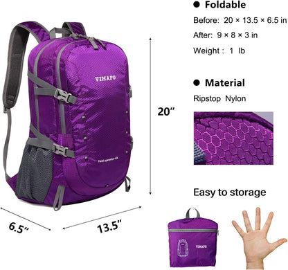 Lightweight Foldable Hiking Backpack 40L, Ripstop Nylon Packable Travel Daypack, Collapsible Backpack For Traveling Hiking Camping Touring(Orange)