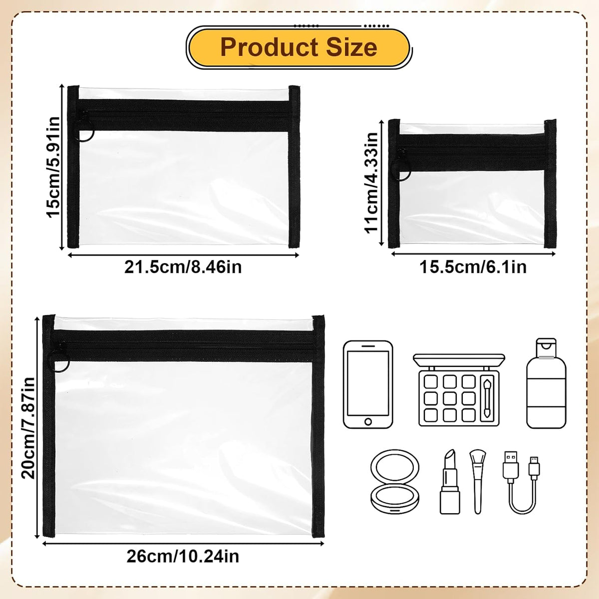 3 Pcs Clear Zipper Pouches, Transparent Toiletry Bags PVC Waterproof Makeup Cosmetic Pouch, TSA Approved Small Makeup Bag for Travel Toiletry Organization, Black