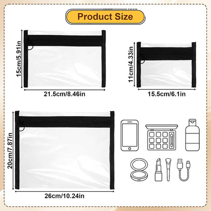 3 Pcs Clear Zipper Pouches, Transparent Toiletry Bags PVC Waterproof Makeup Cosmetic Pouch, TSA Approved Small Makeup Bag for Travel Toiletry Organization, Black