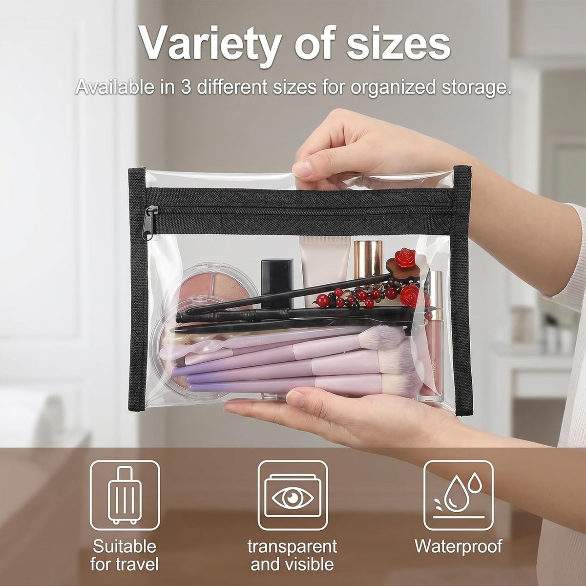 3 Pcs Clear Zipper Pouches, Transparent Toiletry Bags PVC Waterproof Makeup Cosmetic Pouch, TSA Approved Small Makeup Bag for Travel Toiletry Organization, Black