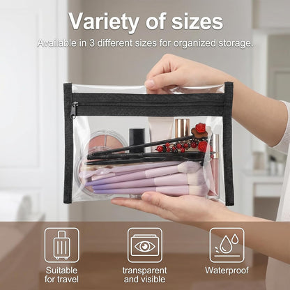 3 Pcs Clear Zipper Pouches, Transparent Toiletry Bags PVC Waterproof Makeup Cosmetic Pouch, TSA Approved Small Makeup Bag for Travel Toiletry Organization, Black
