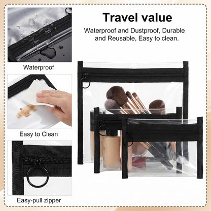 3 Pcs Clear Zipper Pouches, Transparent Toiletry Bags PVC Waterproof Makeup Cosmetic Pouch, TSA Approved Small Makeup Bag for Travel Toiletry Organization, Black