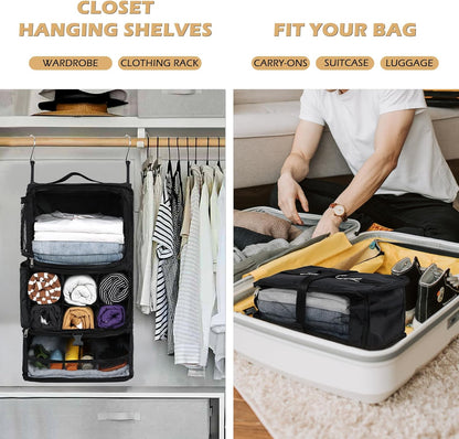 Hanging Shelves Travel Storage Bag Compression Packing Cube for Suitcase Collapsible with Extension Layer Large Capacity, Black,XL