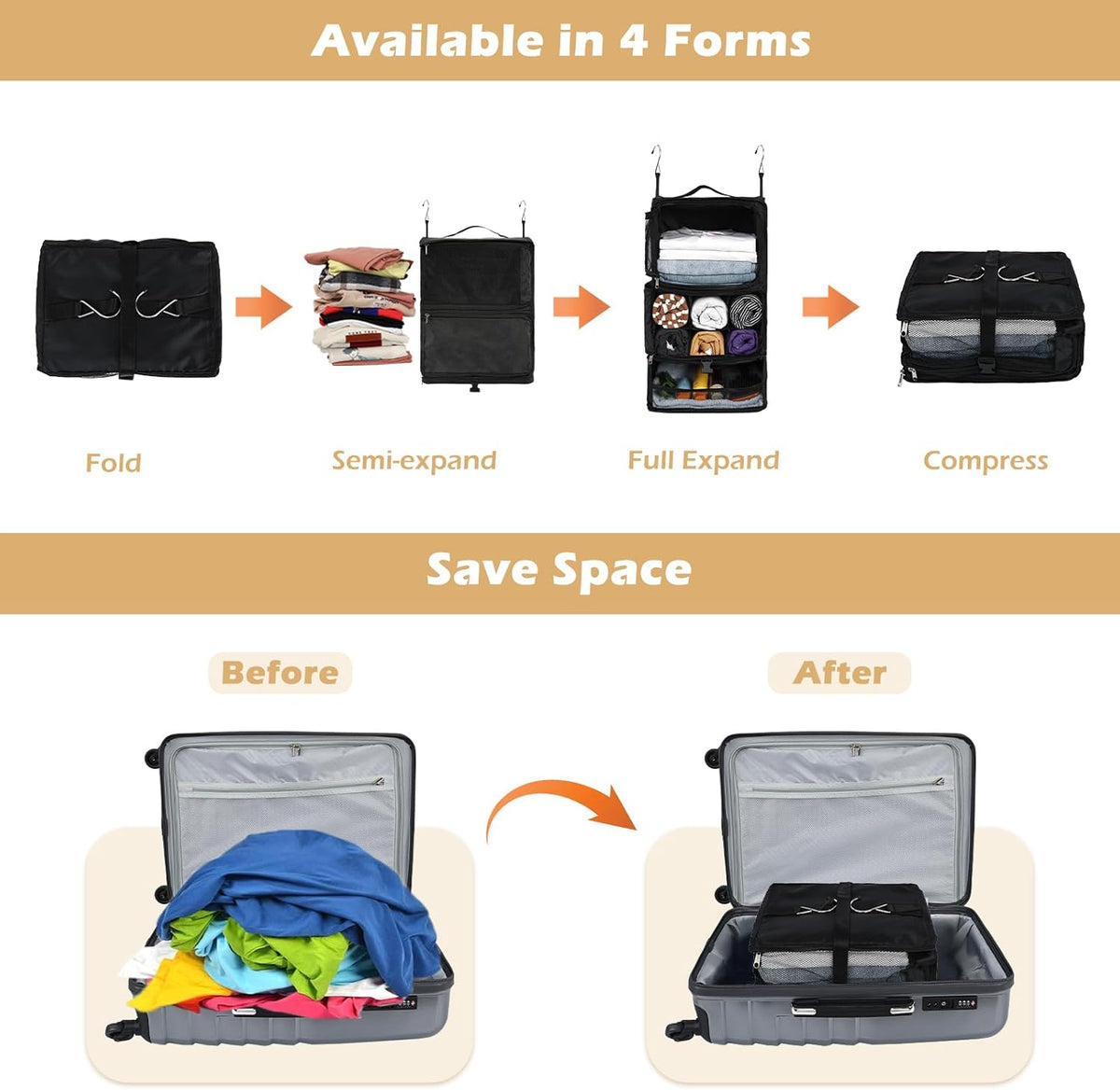 Hanging Shelves Travel Storage Bag Compression Packing Cube for Suitcase Collapsible with Extension Layer Large Capacity, Black,XL