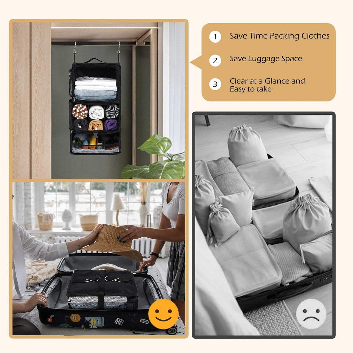 Hanging Shelves Travel Storage Bag Compression Packing Cube for Suitcase Collapsible with Extension Layer Large Capacity, Black,XL