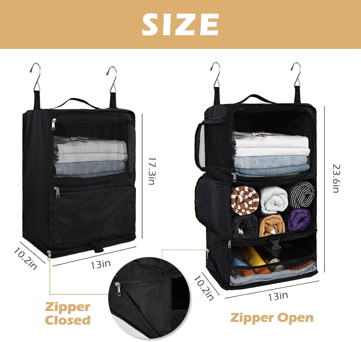 Hanging Shelves Travel Storage Bag Compression Packing Cube for Suitcase Collapsible with Extension Layer Large Capacity, Black,XL