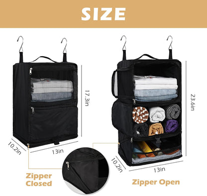 Hanging Shelves Travel Storage Bag Compression Packing Cube for Suitcase Collapsible with Extension Layer Large Capacity, Black,XL