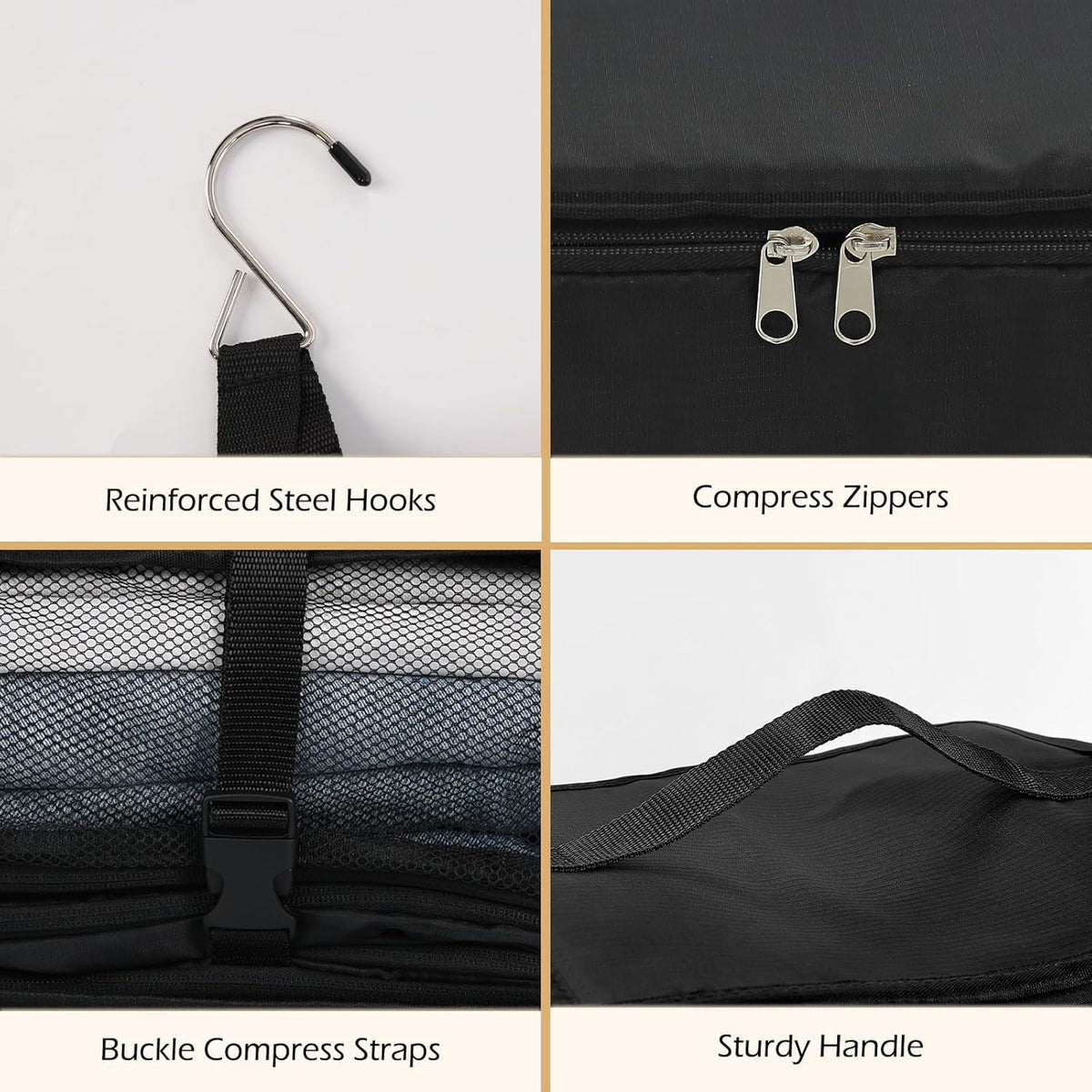 Hanging Shelves Travel Storage Bag Compression Packing Cube for Suitcase Collapsible with Extension Layer Large Capacity, Black,XL