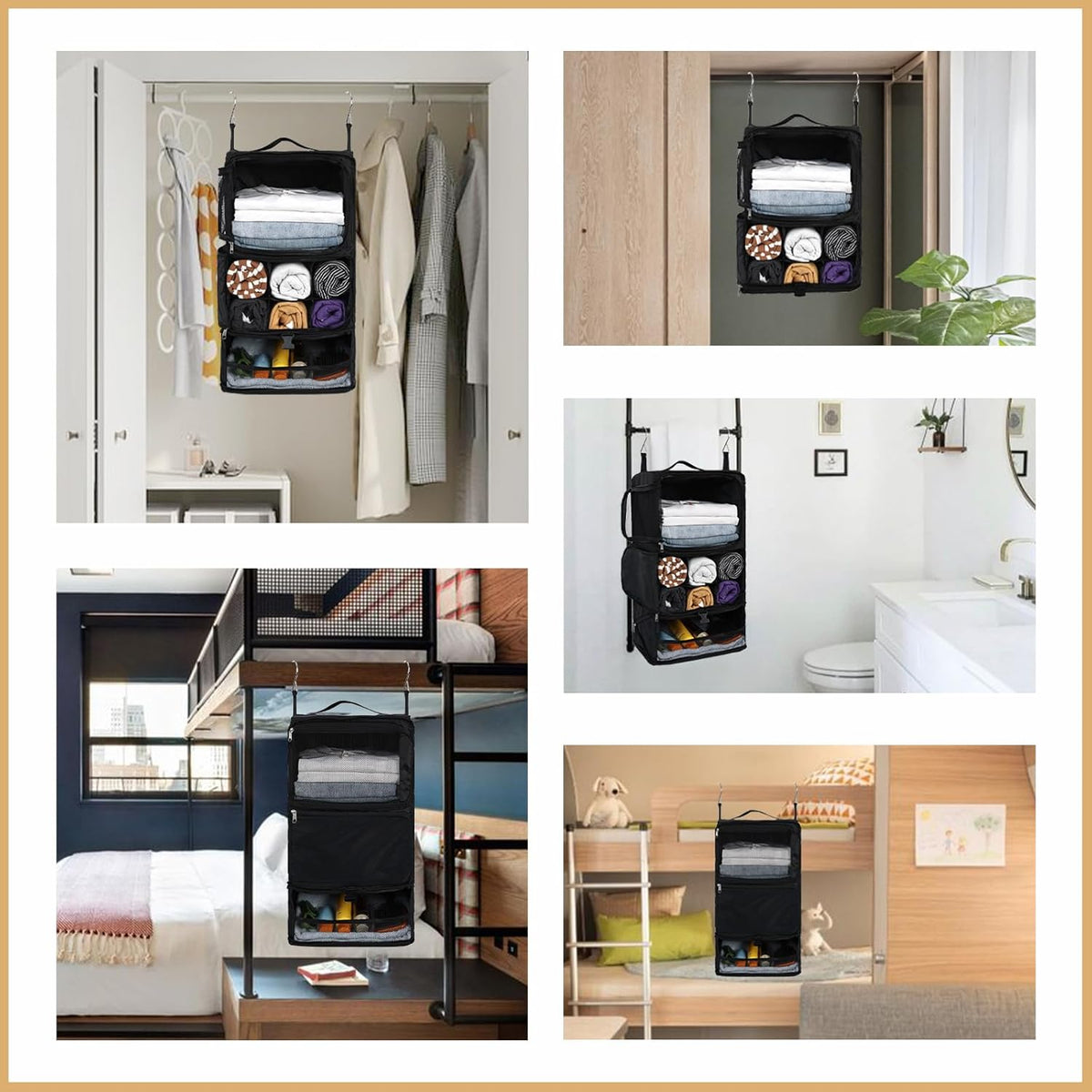 Hanging Shelves Travel Storage Bag Compression Packing Cube for Suitcase Collapsible with Extension Layer Large Capacity, Black,XL