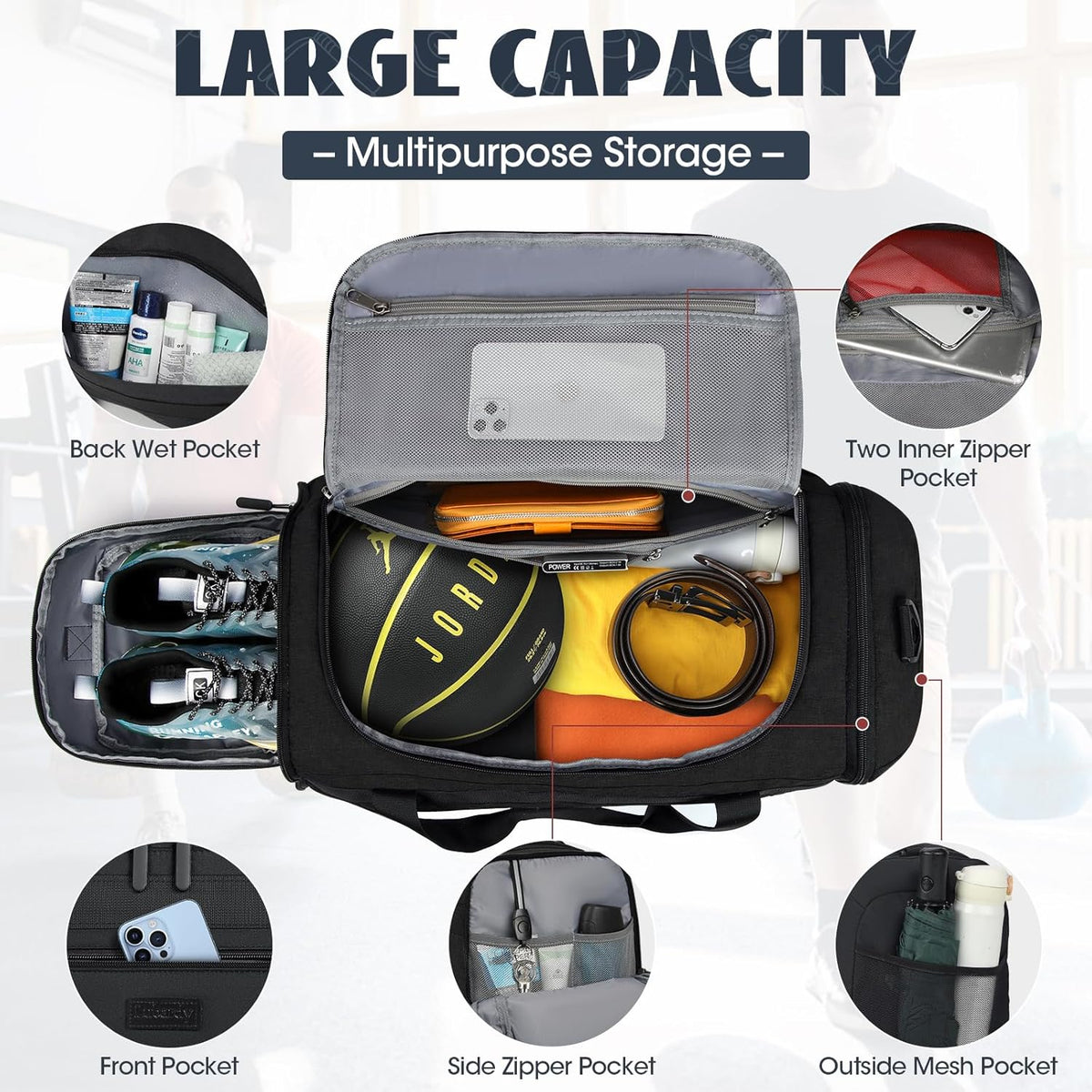 Gym Bag for Men 40L Sports Duffel Bags Gym Duffle Bag Women with Shoe Compartment & Wet Pocket Water Resistant Travel Duffel Bag Lightweight Weekender Overnight Bag Gray