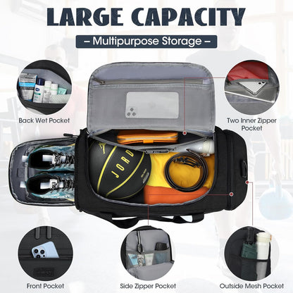 Gym Bag for Men 40L Sports Duffel Bags Gym Duffle Bag Women with Shoe Compartment & Wet Pocket Water Resistant Travel Duffel Bag Lightweight Weekender Overnight Bag Gray