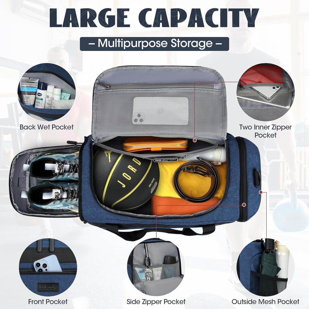 Gym Bag for Men 40L Sports Duffel Bags Gym Duffle Bag Women with Shoe Compartment & Wet Pocket Water Resistant Travel Duffel Bag Lightweight Weekender Overnight Bag Gray
