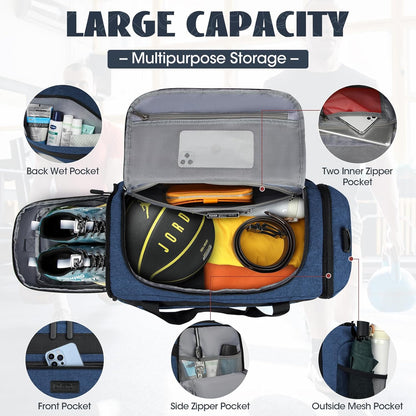 Gym Bag for Men 40L Sports Duffel Bags Gym Duffle Bag Women with Shoe Compartment & Wet Pocket Water Resistant Travel Duffel Bag Lightweight Weekender Overnight Bag Gray
