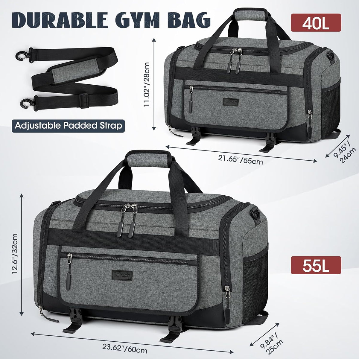 Gym Bag for Men 40L Sports Duffel Bags Gym Duffle Bag Women with Shoe Compartment & Wet Pocket Water Resistant Travel Duffel Bag Lightweight Weekender Overnight Bag Gray
