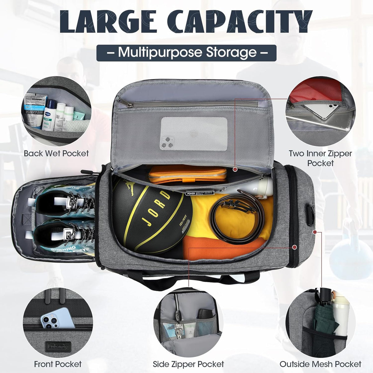 Gym Bag for Men 40L Sports Duffel Bags Gym Duffle Bag Women with Shoe Compartment & Wet Pocket Water Resistant Travel Duffel Bag Lightweight Weekender Overnight Bag Gray