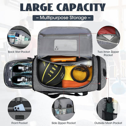 Gym Bag for Men 40L Sports Duffel Bags Gym Duffle Bag Women with Shoe Compartment & Wet Pocket Water Resistant Travel Duffel Bag Lightweight Weekender Overnight Bag Gray