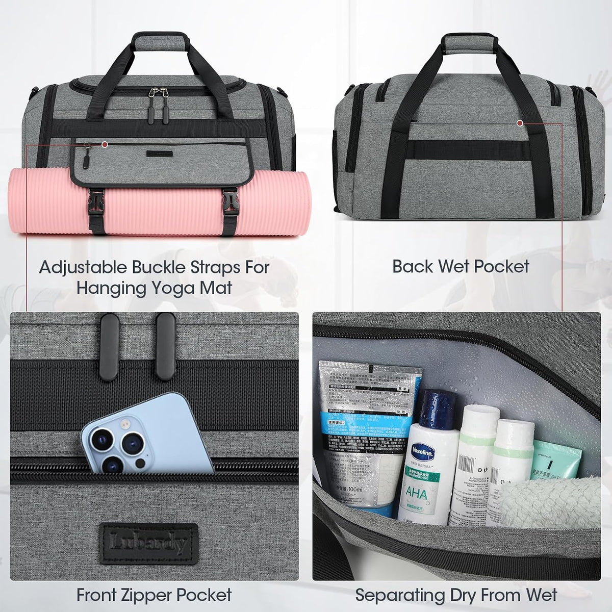 Gym Bag for Men 40L Sports Duffel Bags Gym Duffle Bag Women with Shoe Compartment & Wet Pocket Water Resistant Travel Duffel Bag Lightweight Weekender Overnight Bag Gray