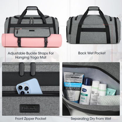 Gym Bag for Men 40L Sports Duffel Bags Gym Duffle Bag Women with Shoe Compartment & Wet Pocket Water Resistant Travel Duffel Bag Lightweight Weekender Overnight Bag Gray