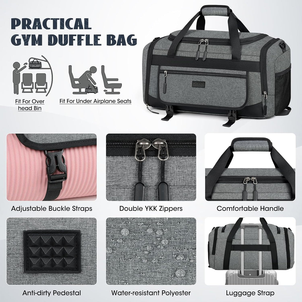 Gym Bag for Men 40L Sports Duffel Bags Gym Duffle Bag Women with Shoe Compartment & Wet Pocket Water Resistant Travel Duffel Bag Lightweight Weekender Overnight Bag Gray