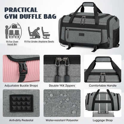 Gym Bag for Men 40L Sports Duffel Bags Gym Duffle Bag Women with Shoe Compartment & Wet Pocket Water Resistant Travel Duffel Bag Lightweight Weekender Overnight Bag Gray