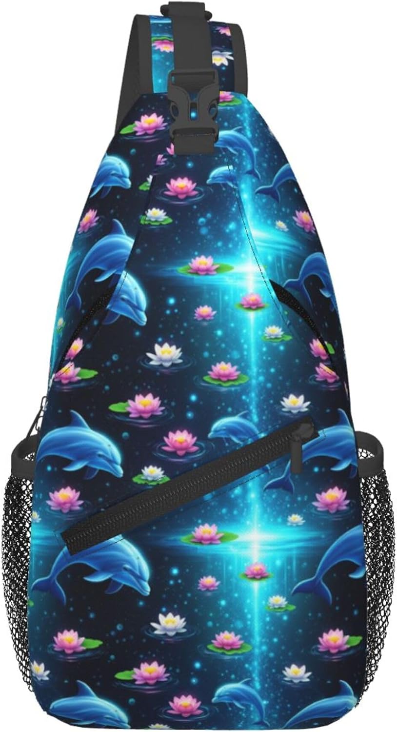 Men Women Sling Shoulder Backpack Casual Carrying Tote Case Crossbody Travel Bag, Anti-Theft Multipurpose Carry On Bag, Dolphin Lotus Crossbody Bag