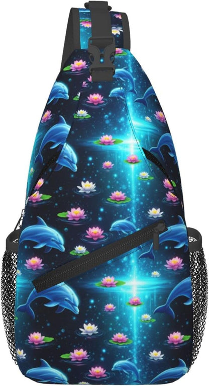 Men Women Sling Shoulder Backpack Casual Carrying Tote Case Crossbody Travel Bag, Anti-Theft Multipurpose Carry On Bag, Dolphin Lotus Crossbody Bag