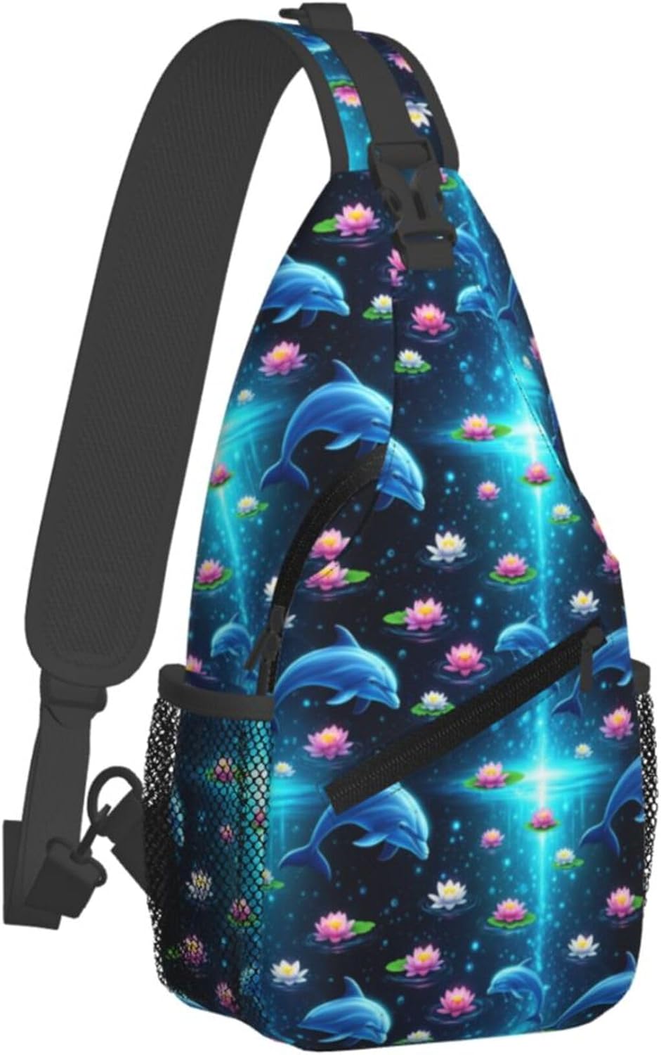 Men Women Sling Shoulder Backpack Casual Carrying Tote Case Crossbody Travel Bag, Anti-Theft Multipurpose Carry On Bag, Dolphin Lotus Crossbody Bag
