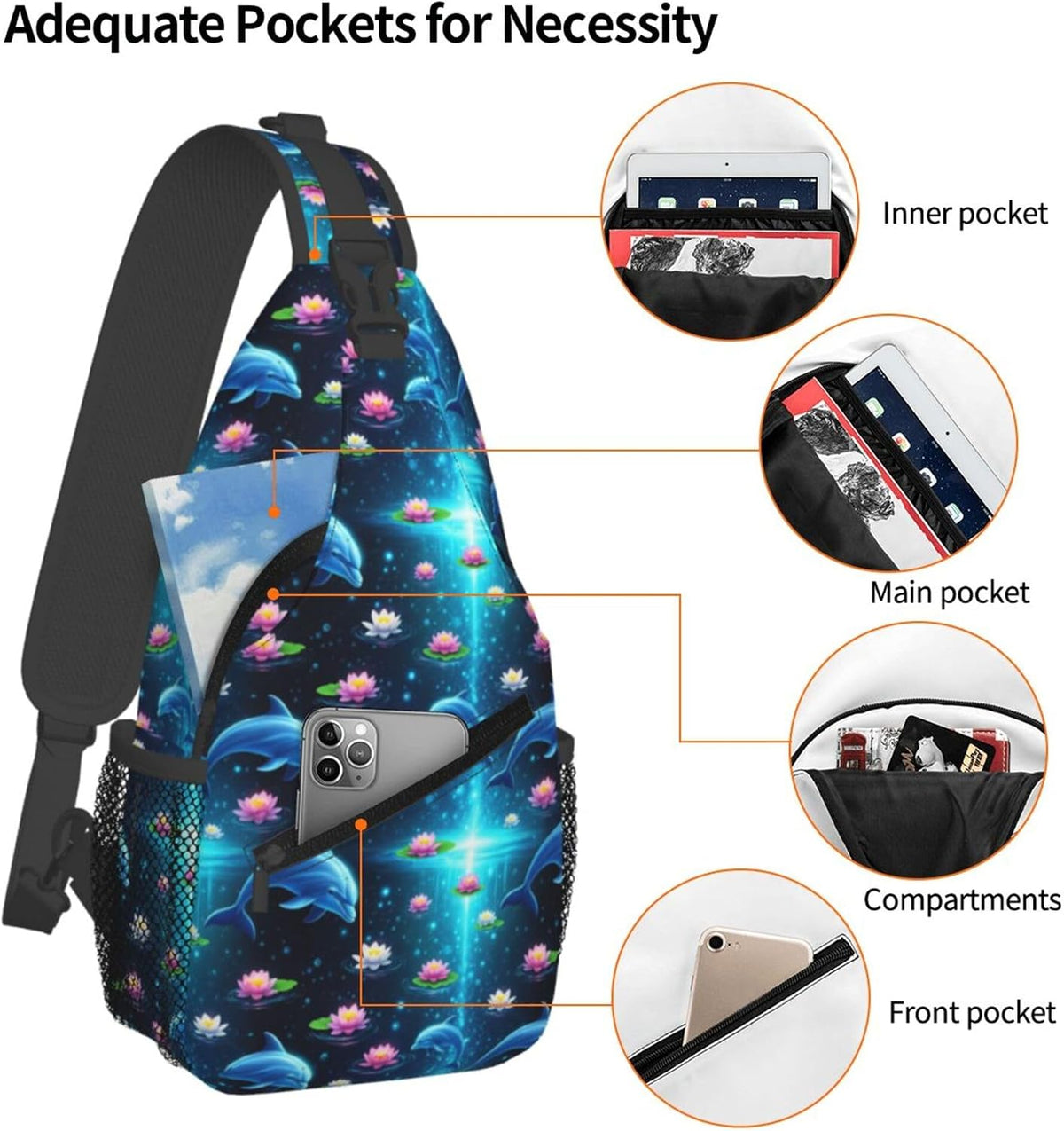 Men Women Sling Shoulder Backpack Casual Carrying Tote Case Crossbody Travel Bag, Anti-Theft Multipurpose Carry On Bag, Dolphin Lotus Crossbody Bag