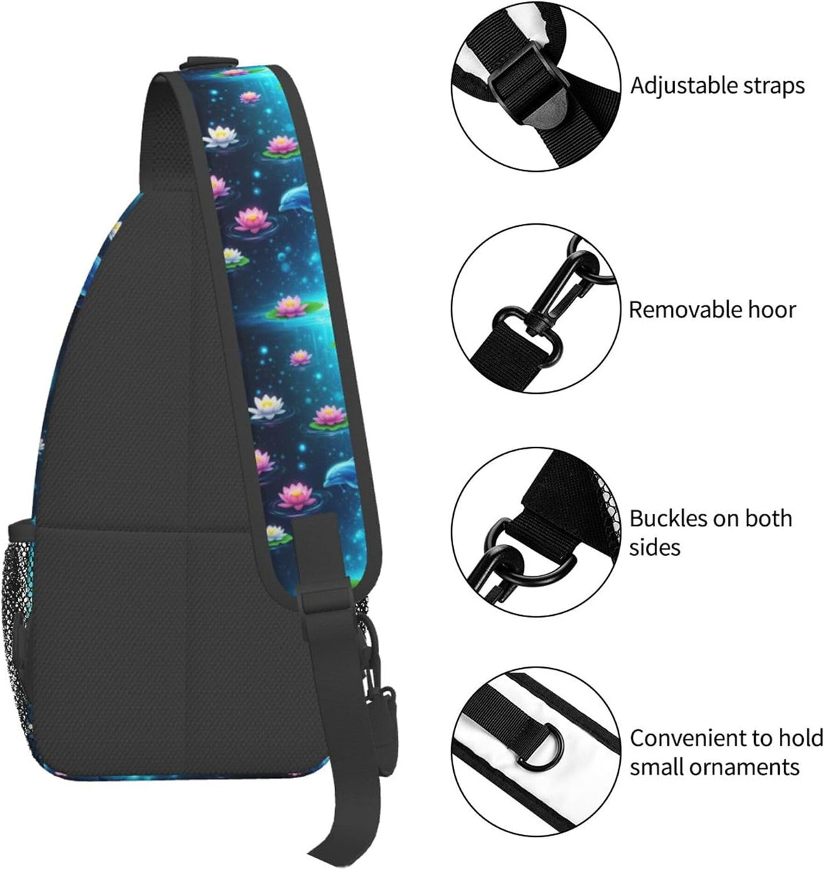 Men Women Sling Shoulder Backpack Casual Carrying Tote Case Crossbody Travel Bag, Anti-Theft Multipurpose Carry On Bag, Dolphin Lotus Crossbody Bag