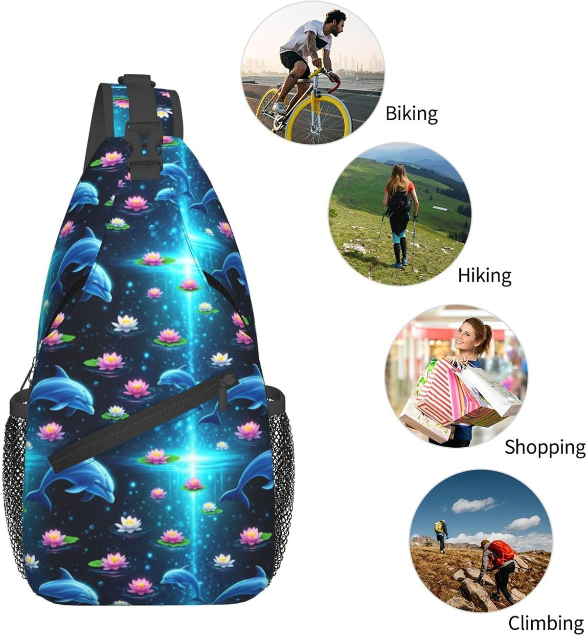 Men Women Sling Shoulder Backpack Casual Carrying Tote Case Crossbody Travel Bag, Anti-Theft Multipurpose Carry On Bag, Dolphin Lotus Crossbody Bag
