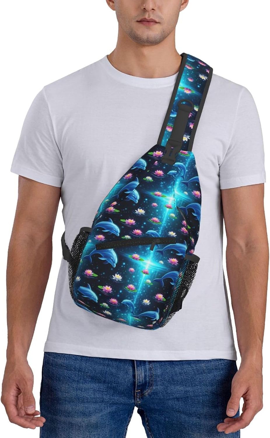 Men Women Sling Shoulder Backpack Casual Carrying Tote Case Crossbody Travel Bag, Anti-Theft Multipurpose Carry On Bag, Dolphin Lotus Crossbody Bag