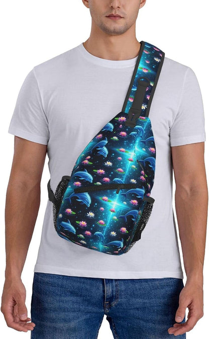 Men Women Sling Shoulder Backpack Casual Carrying Tote Case Crossbody Travel Bag, Anti-Theft Multipurpose Carry On Bag, Dolphin Lotus Crossbody Bag