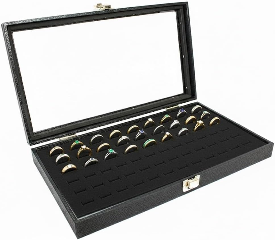 Novel Box Jewelry Display Glass Case Black 14.75 x 8.25 x 2.1 Inches with 72-Slot Blue Foam Insert, Travel Storage Case with Metal Clasp, Dust-Free Secure Organizer