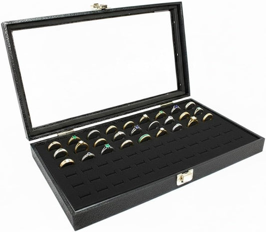 Novel Box Jewelry Display Glass Case Black 14.75 x 8.25 x 2.1 Inches with 72-Slot Blue Foam Insert, Travel Storage Case with Metal Clasp, Dust-Free Secure Organizer