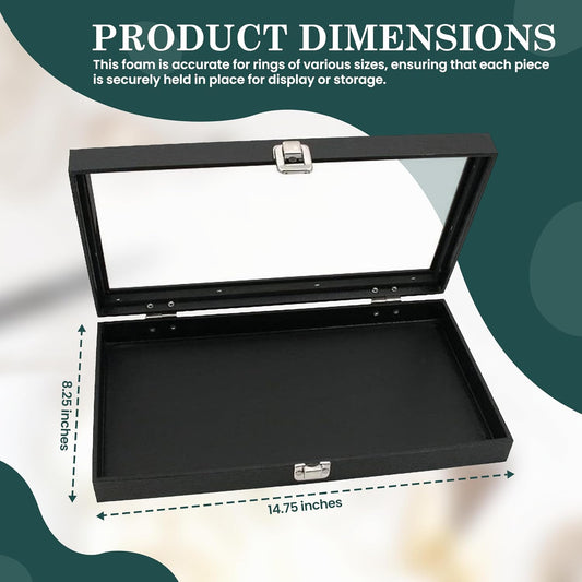 Novel Box Jewelry Display Glass Case Black 14.75 x 8.25 x 2.1 Inches with 72-Slot Blue Foam Insert, Travel Storage Case with Metal Clasp, Dust-Free Secure Organizer
