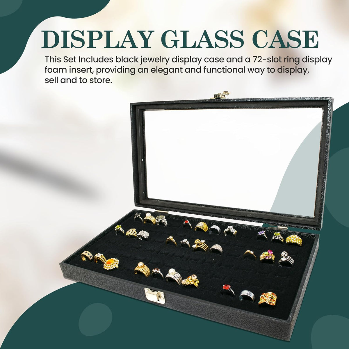 Novel Box Jewelry Display Glass Case Black 14.75 x 8.25 x 2.1 Inches with 72-Slot Blue Foam Insert, Travel Storage Case with Metal Clasp, Dust-Free Secure Organizer